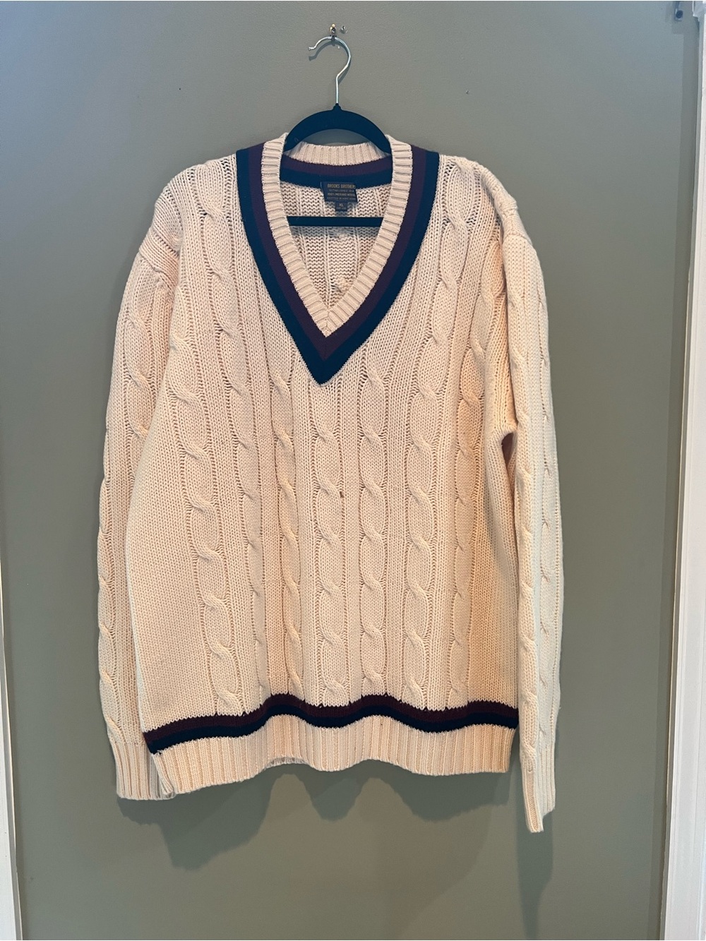 Brooks Brothers Cream Cable-Knit V-Neck Sweater with Navy Trim